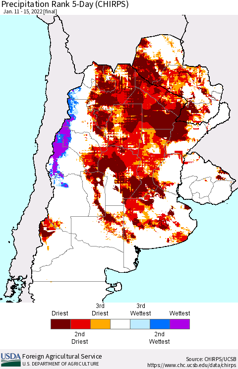 Southern South America Precipitation Rank since 1981, 5-Day (CHIRPS) Thematic Map For 1/11/2022 - 1/15/2022