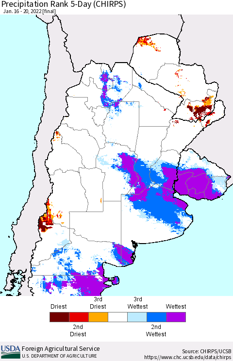 Southern South America Precipitation Rank since 1981, 5-Day (CHIRPS) Thematic Map For 1/16/2022 - 1/20/2022