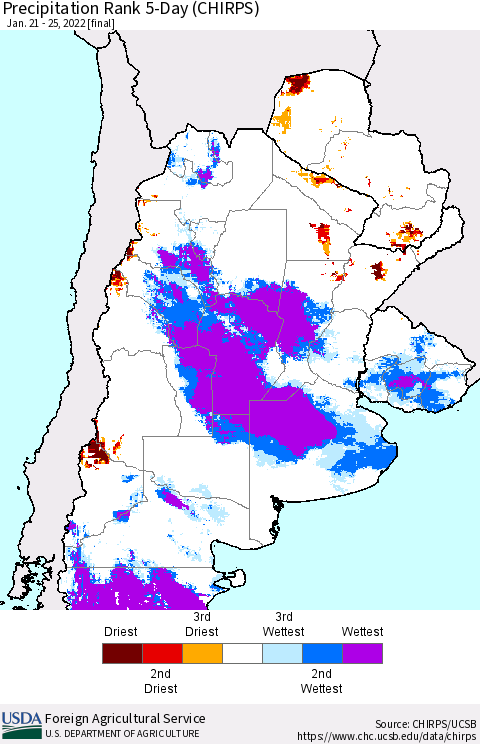 Southern South America Precipitation Rank 5-Day (CHIRPS) Thematic Map For 1/21/2022 - 1/25/2022