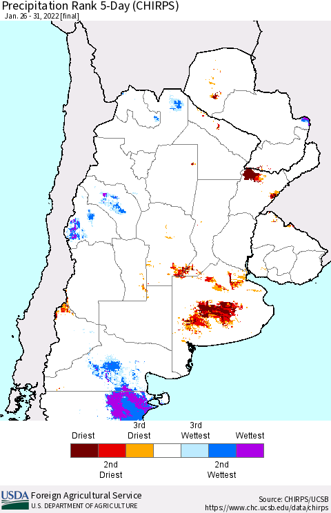 Southern South America Precipitation Rank 5-Day (CHIRPS) Thematic Map For 1/26/2022 - 1/31/2022