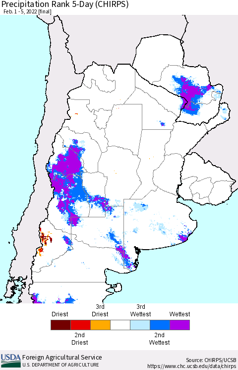 Southern South America Precipitation Rank 5-Day (CHIRPS) Thematic Map For 2/1/2022 - 2/5/2022