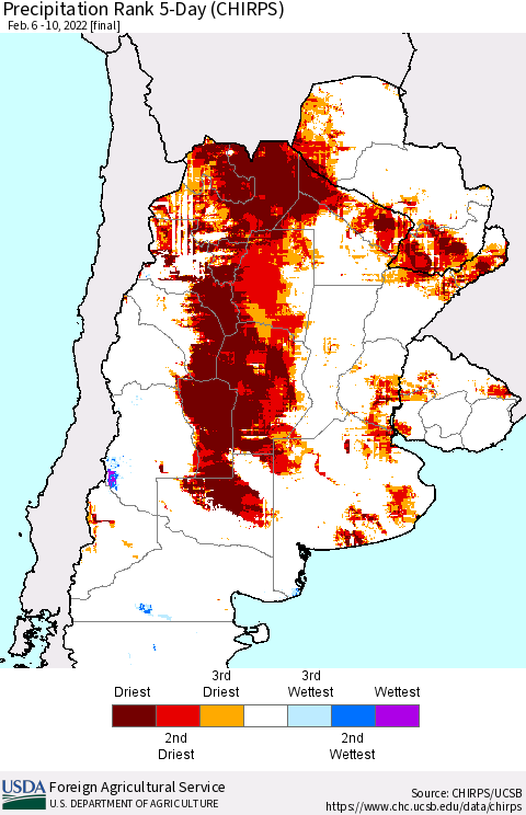 Southern South America Precipitation Rank 5-Day (CHIRPS) Thematic Map For 2/6/2022 - 2/10/2022