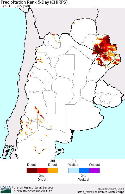 Southern South America Precipitation Rank 5-Day (CHIRPS) Thematic Map For 2/11/2022 - 2/15/2022