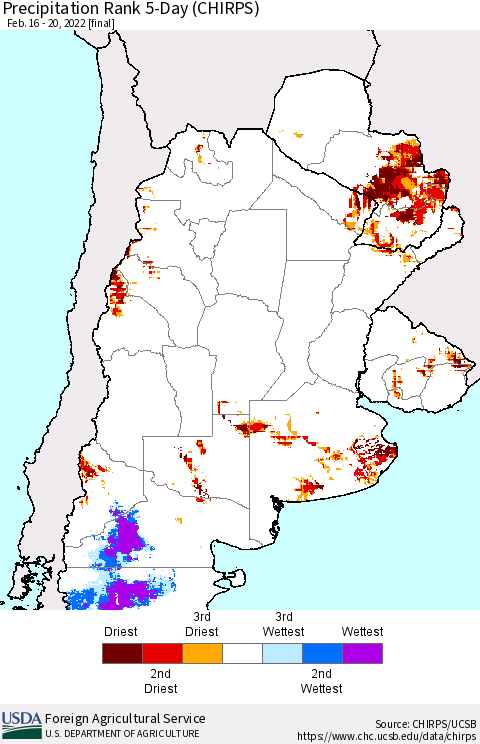 Southern South America Precipitation Rank 5-Day (CHIRPS) Thematic Map For 2/16/2022 - 2/20/2022