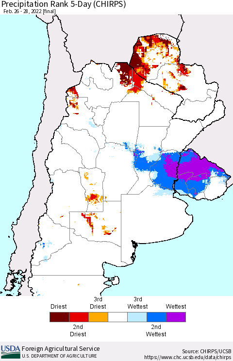Southern South America Precipitation Rank since 1981, 5-Day (CHIRPS) Thematic Map For 2/26/2022 - 2/28/2022