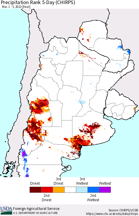 Southern South America Precipitation Rank 5-Day (CHIRPS) Thematic Map For 3/1/2022 - 3/5/2022