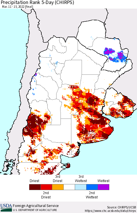 Southern South America Precipitation Rank since 1981, 5-Day (CHIRPS) Thematic Map For 3/11/2022 - 3/15/2022