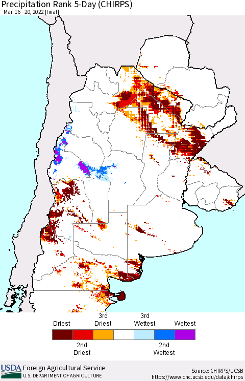 Southern South America Precipitation Rank 5-Day (CHIRPS) Thematic Map For 3/16/2022 - 3/20/2022