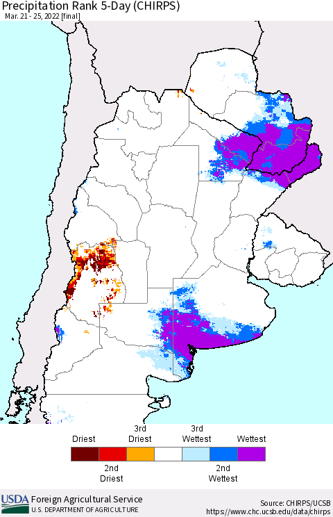 Southern South America Precipitation Rank 5-Day (CHIRPS) Thematic Map For 3/21/2022 - 3/25/2022