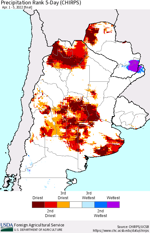 Southern South America Precipitation Rank 5-Day (CHIRPS) Thematic Map For 4/1/2022 - 4/5/2022