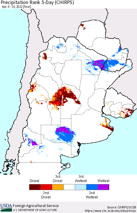 Southern South America Precipitation Rank 5-Day (CHIRPS) Thematic Map For 4/6/2022 - 4/10/2022