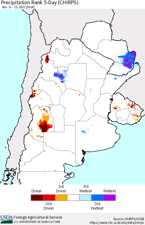 Southern South America Precipitation Rank 5-Day (CHIRPS) Thematic Map For 4/11/2022 - 4/15/2022