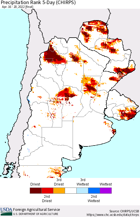 Southern South America Precipitation Rank 5-Day (CHIRPS) Thematic Map For 4/16/2022 - 4/20/2022