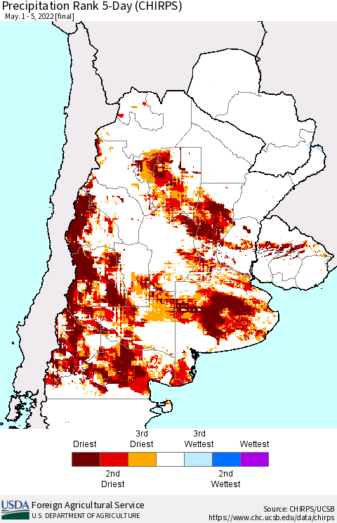 Southern South America Precipitation Rank 5-Day (CHIRPS) Thematic Map For 5/1/2022 - 5/5/2022