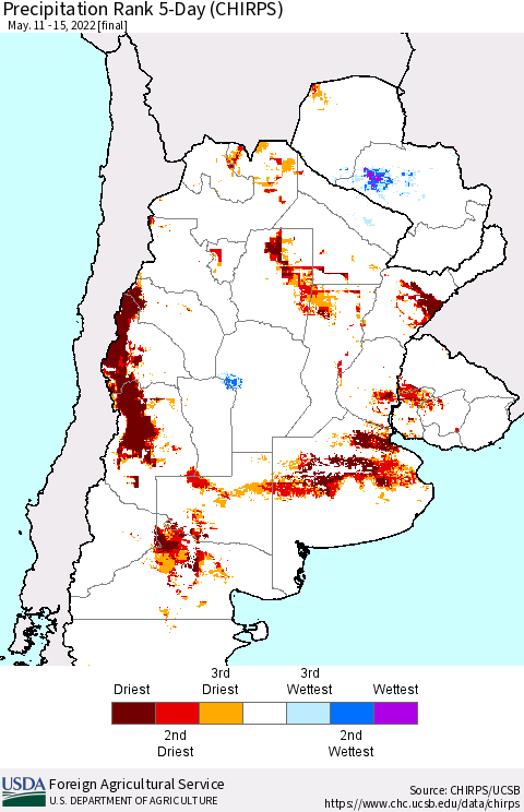 Southern South America Precipitation Rank 5-Day (CHIRPS) Thematic Map For 5/11/2022 - 5/15/2022