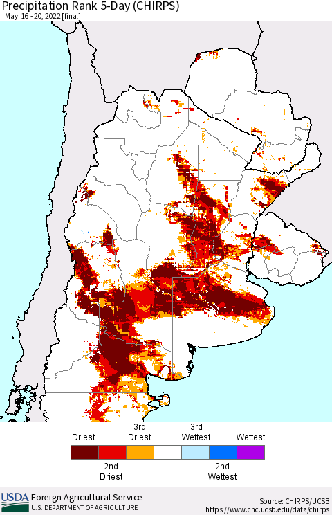 Southern South America Precipitation Rank 5-Day (CHIRPS) Thematic Map For 5/16/2022 - 5/20/2022
