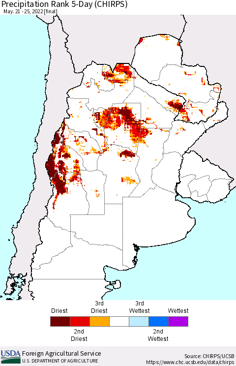 Southern South America Precipitation Rank 5-Day (CHIRPS) Thematic Map For 5/21/2022 - 5/25/2022