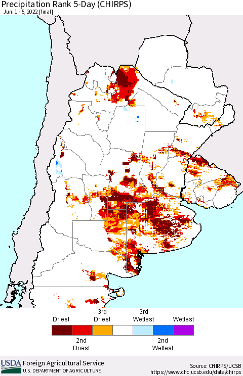 Southern South America Precipitation Rank since 1981, 5-Day (CHIRPS) Thematic Map For 6/1/2022 - 6/5/2022