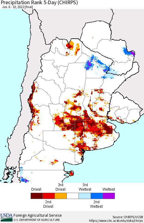 Southern South America Precipitation Rank 5-Day (CHIRPS) Thematic Map For 6/6/2022 - 6/10/2022