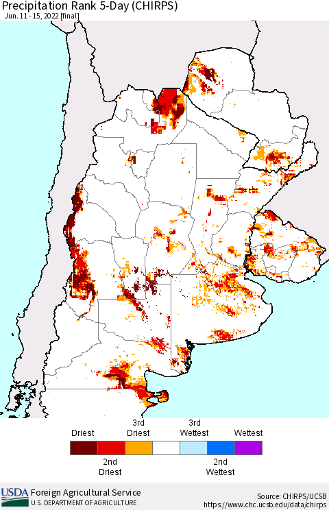 Southern South America Precipitation Rank 5-Day (CHIRPS) Thematic Map For 6/11/2022 - 6/15/2022