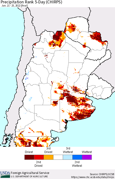 Southern South America Precipitation Rank 5-Day (CHIRPS) Thematic Map For 6/21/2022 - 6/25/2022