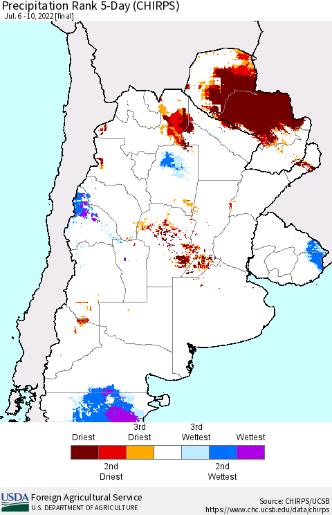 Southern South America Precipitation Rank 5-Day (CHIRPS) Thematic Map For 7/6/2022 - 7/10/2022
