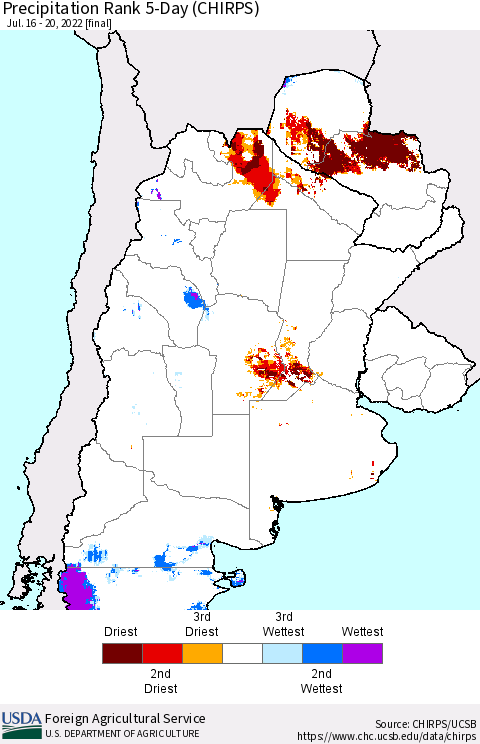 Southern South America Precipitation Rank 5-Day (CHIRPS) Thematic Map For 7/16/2022 - 7/20/2022
