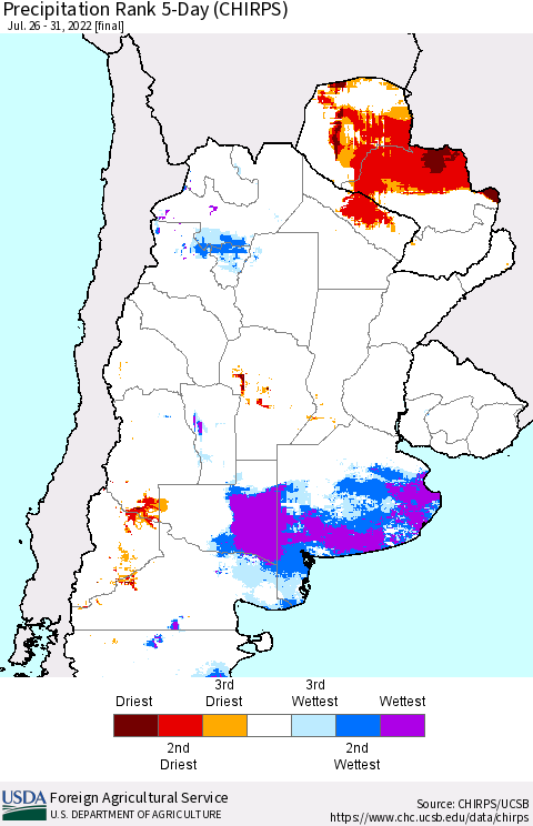 Southern South America Precipitation Rank since 1981, 5-Day (CHIRPS) Thematic Map For 7/26/2022 - 7/31/2022
