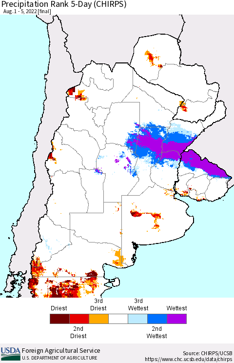 Southern South America Precipitation Rank 5-Day (CHIRPS) Thematic Map For 8/1/2022 - 8/5/2022