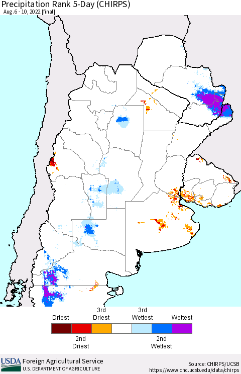 Southern South America Precipitation Rank since 1981, 5-Day (CHIRPS) Thematic Map For 8/6/2022 - 8/10/2022