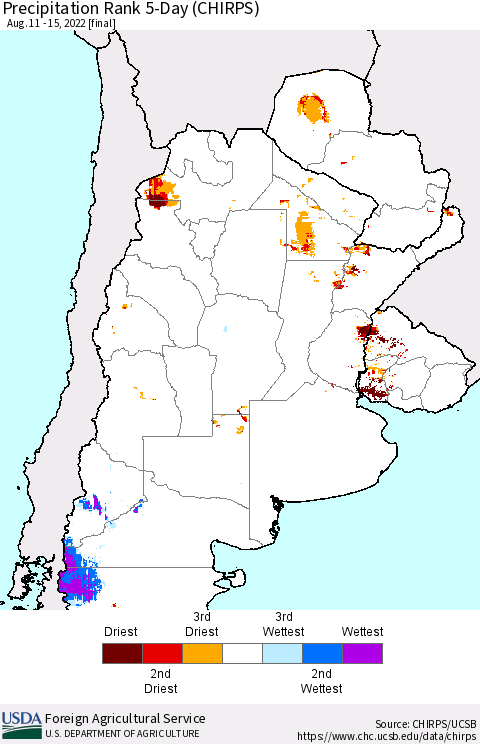 Southern South America Precipitation Rank 5-Day (CHIRPS) Thematic Map For 8/11/2022 - 8/15/2022
