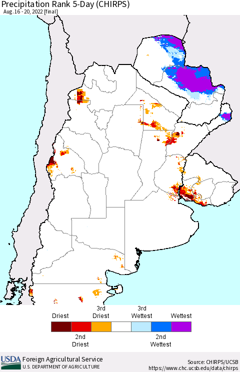 Southern South America Precipitation Rank 5-Day (CHIRPS) Thematic Map For 8/16/2022 - 8/20/2022