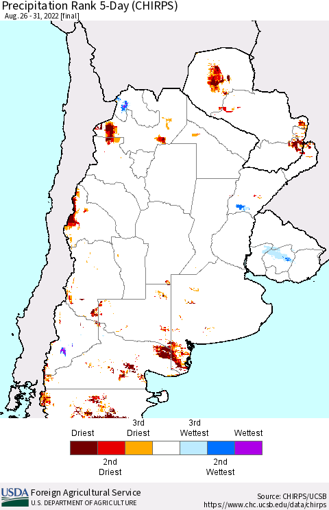 Southern South America Precipitation Rank 5-Day (CHIRPS) Thematic Map For 8/26/2022 - 8/31/2022
