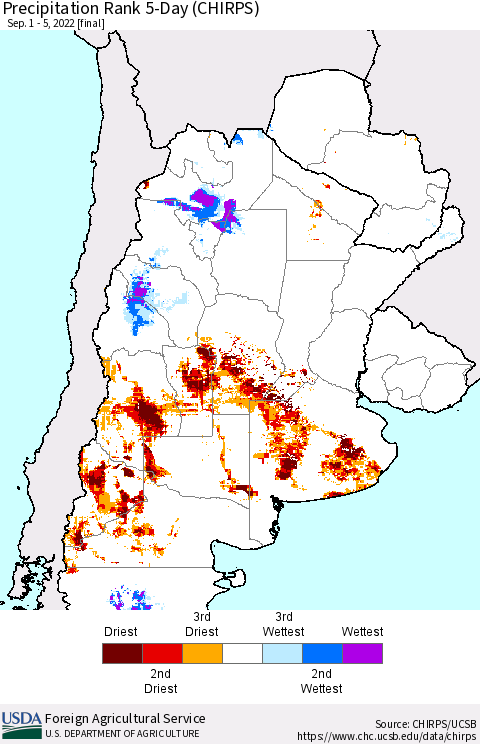 Southern South America Precipitation Rank 5-Day (CHIRPS) Thematic Map For 9/1/2022 - 9/5/2022