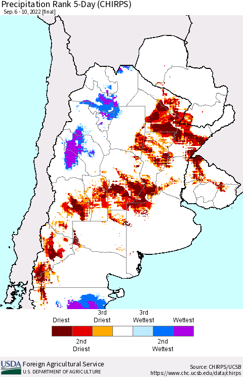 Southern South America Precipitation Rank 5-Day (CHIRPS) Thematic Map For 9/6/2022 - 9/10/2022