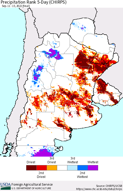 Southern South America Precipitation Rank 5-Day (CHIRPS) Thematic Map For 9/11/2022 - 9/15/2022