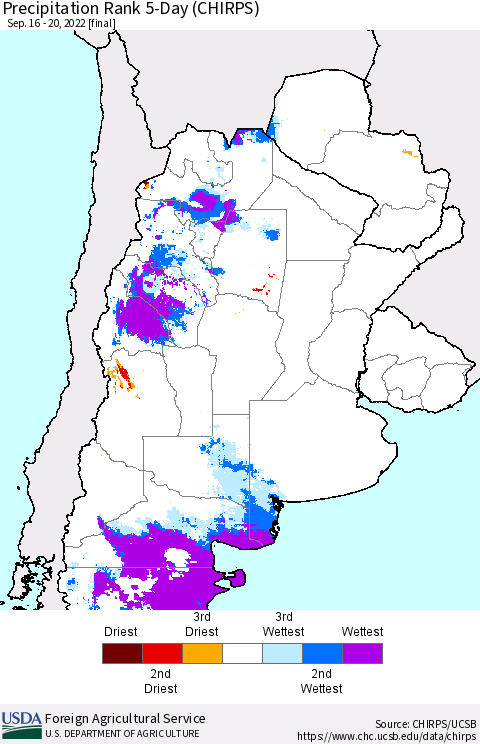 Southern South America Precipitation Rank 5-Day (CHIRPS) Thematic Map For 9/16/2022 - 9/20/2022