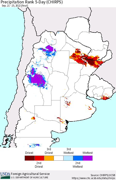 Southern South America Precipitation Rank since 1981, 5-Day (CHIRPS) Thematic Map For 9/21/2022 - 9/25/2022