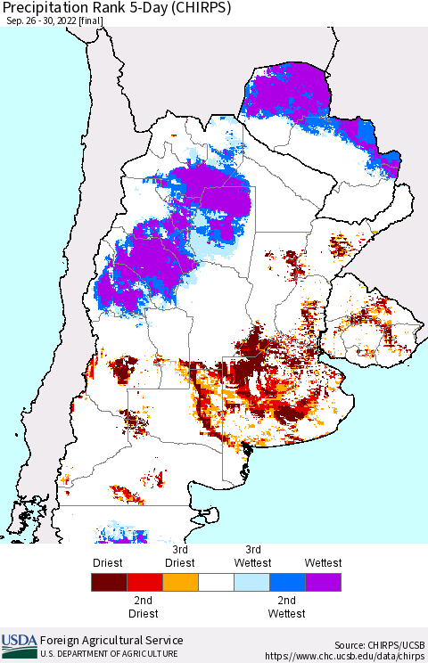 Southern South America Precipitation Rank since 1981, 5-Day (CHIRPS) Thematic Map For 9/26/2022 - 9/30/2022