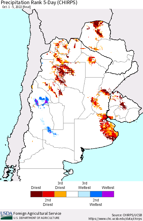Southern South America Precipitation Rank 5-Day (CHIRPS) Thematic Map For 10/1/2022 - 10/5/2022