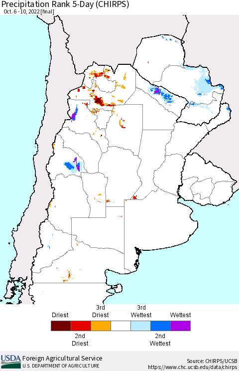 Southern South America Precipitation Rank since 1981, 5-Day (CHIRPS) Thematic Map For 10/6/2022 - 10/10/2022