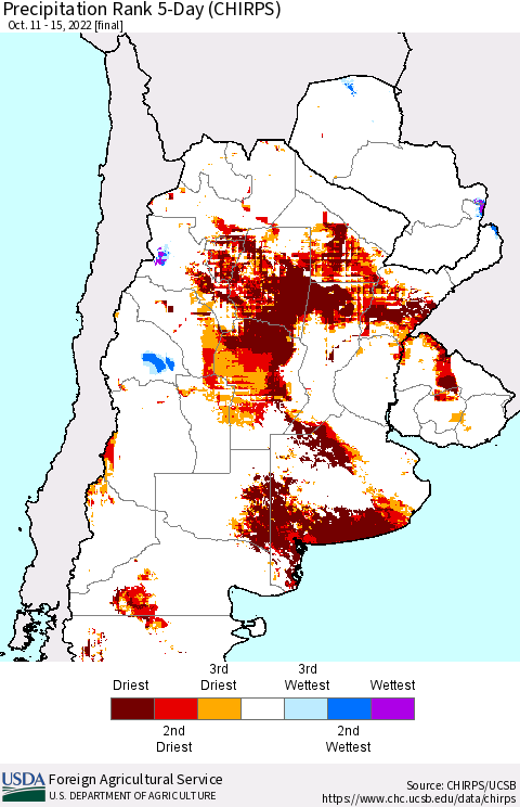 Southern South America Precipitation Rank since 1981, 5-Day (CHIRPS) Thematic Map For 10/11/2022 - 10/15/2022