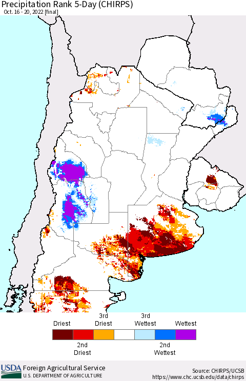 Southern South America Precipitation Rank 5-Day (CHIRPS) Thematic Map For 10/16/2022 - 10/20/2022