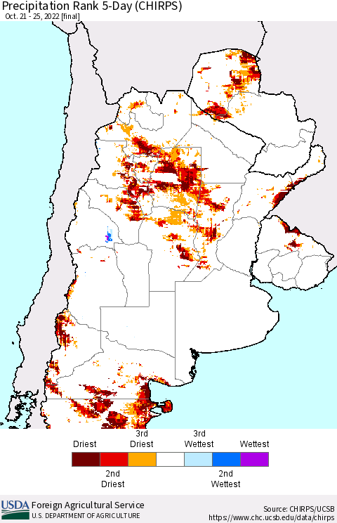 Southern South America Precipitation Rank since 1981, 5-Day (CHIRPS) Thematic Map For 10/21/2022 - 10/25/2022