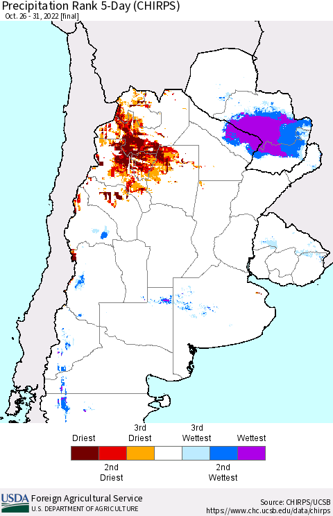 Southern South America Precipitation Rank 5-Day (CHIRPS) Thematic Map For 10/26/2022 - 10/31/2022
