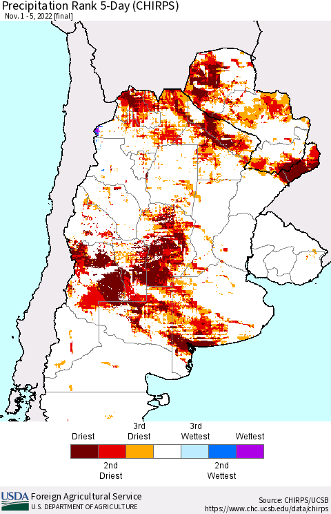 Southern South America Precipitation Rank 5-Day (CHIRPS) Thematic Map For 11/1/2022 - 11/5/2022