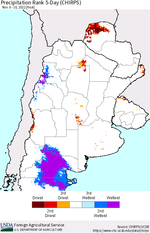 Southern South America Precipitation Rank 5-Day (CHIRPS) Thematic Map For 11/6/2022 - 11/10/2022