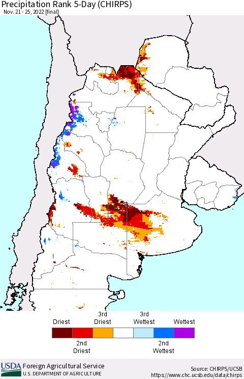 Southern South America Precipitation Rank 5-Day (CHIRPS) Thematic Map For 11/21/2022 - 11/25/2022