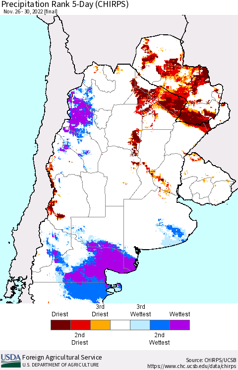 Southern South America Precipitation Rank 5-Day (CHIRPS) Thematic Map For 11/26/2022 - 11/30/2022