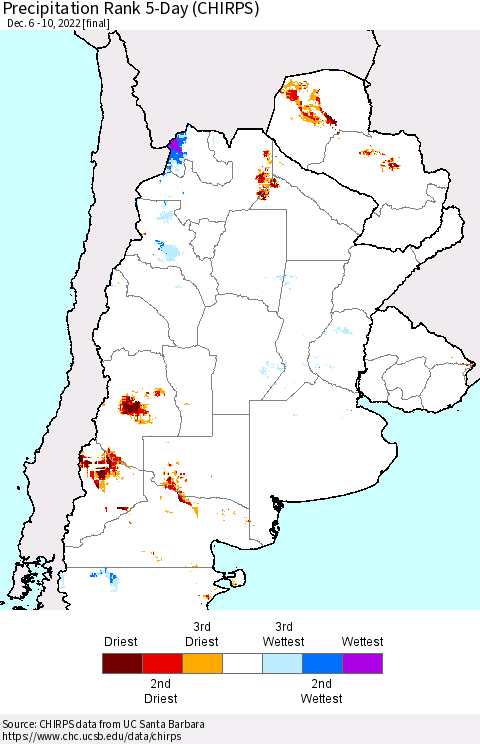 Southern South America Precipitation Rank 5-Day (CHIRPS) Thematic Map For 12/6/2022 - 12/10/2022